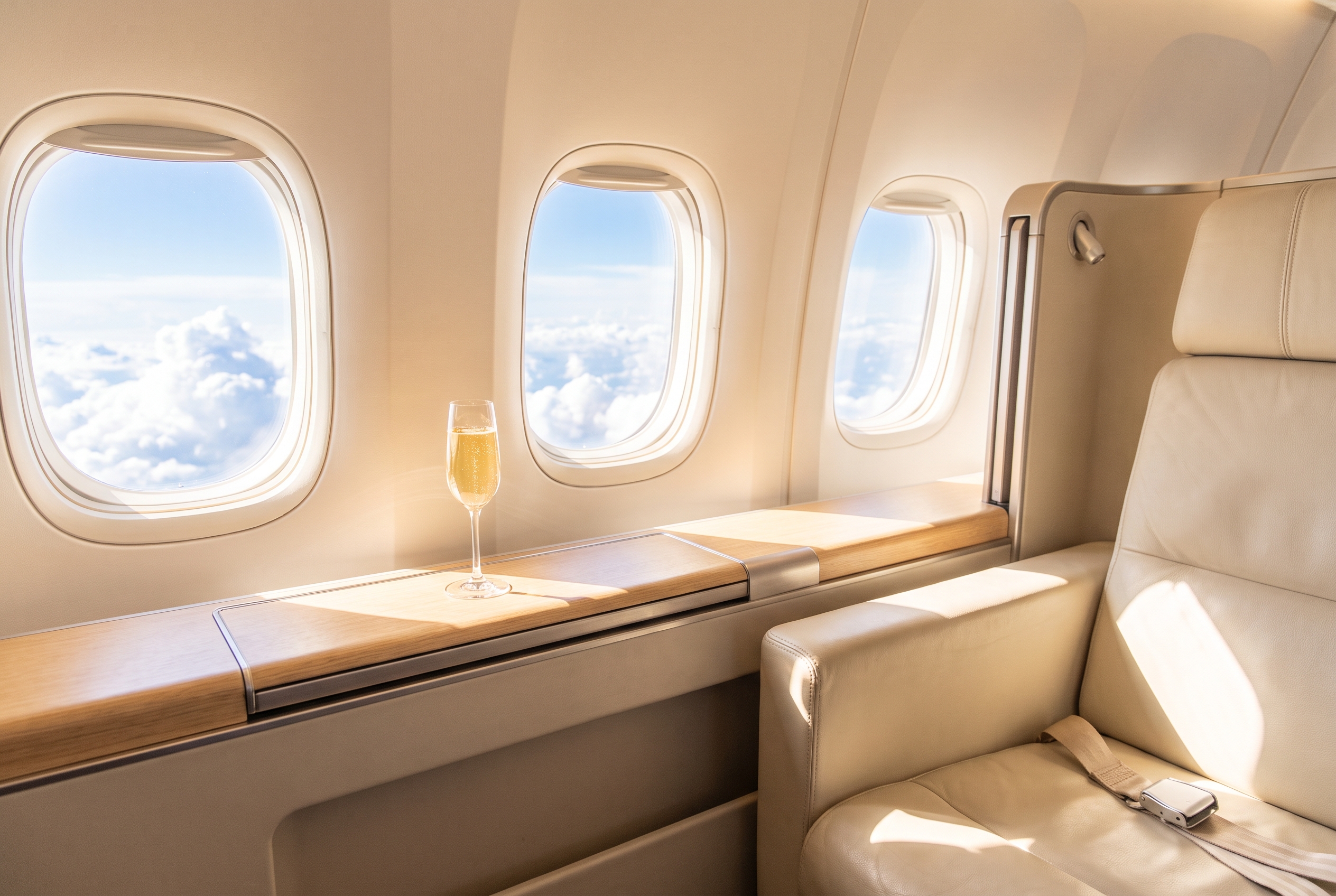 Champagne beside a first-class window over a morning cloud deck